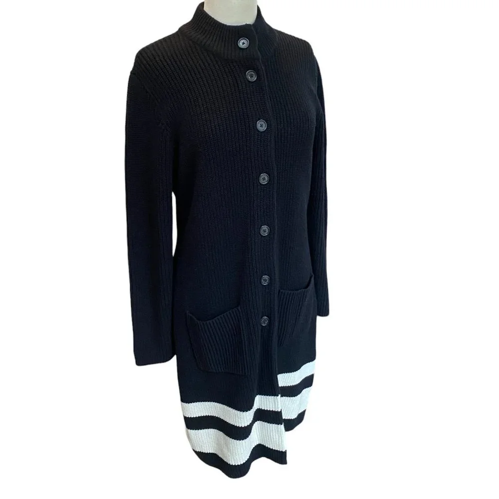 Lauren Ralph Lauren Longline Duster Cardigan Sz L Black Stripes Quiet Luxury
